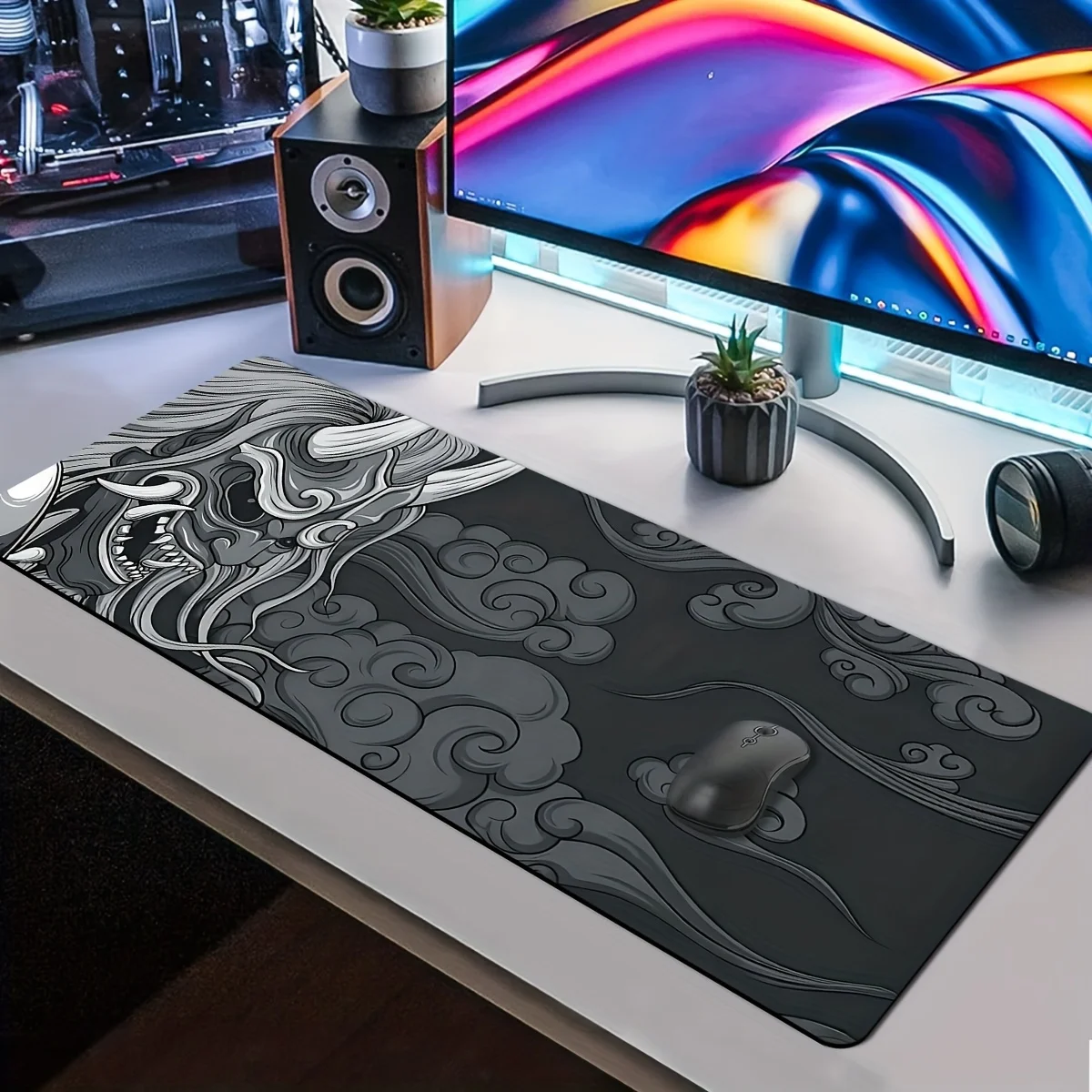 Dark Oni Samurai Cloud Print Large Mouse Pad, Smooth Rubber Desk Mat, Extra Large Gaming Mouse Mat for Home Office