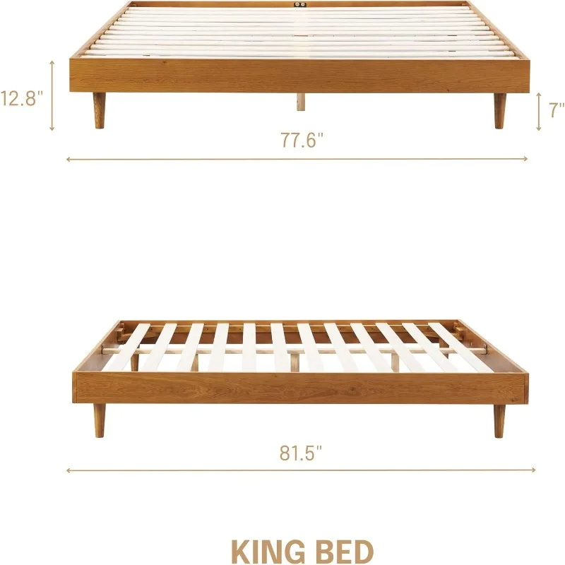 Fly Wooden Bed Frame Without Headboard, Solid Oak and Rubber Wood Foundation with Silent Slats and Wood Central Supports, King