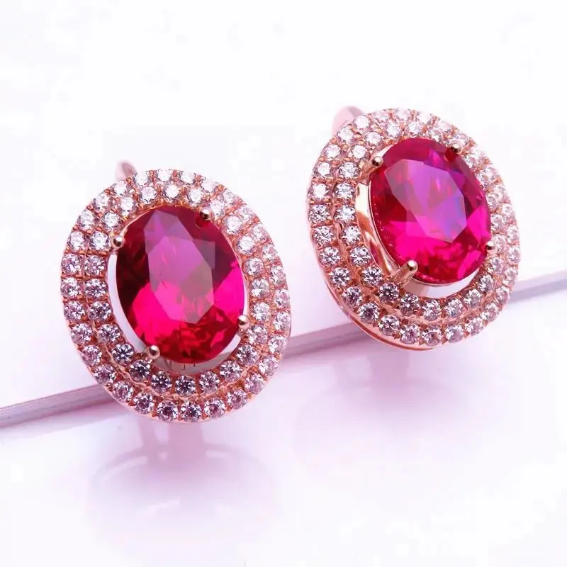 

585 Purple Gold Plated 14K Rose Gold Inlaid Oval Ruby Earrings for Women Elegant Hollow Crystal Charm High Jewelry Gift