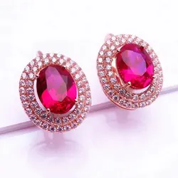 585 Purple Gold Plated 14K Rose Gold Inlaid Oval Ruby Earrings for Women Elegant Hollow Crystal Charm High Jewelry Gift