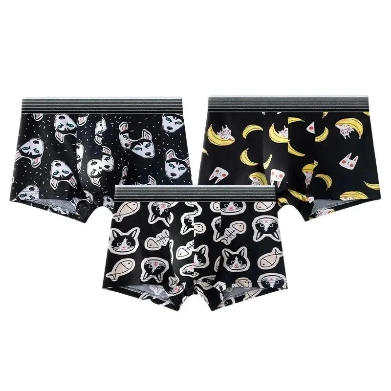 3XL Large Size Man Milk Silk Cute Lovely Cat Cartoon Underwear Fashion Middle Waist Elasticity Breathable Panties Boxers