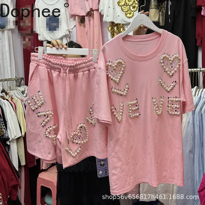 

Новый весенне-летний женский комплект из двух предметов с буквами и бриллиантами, бусинами Love, свободная футболка с короткими рукавами, топ + широкие шорты с эластичной резинкой на талии