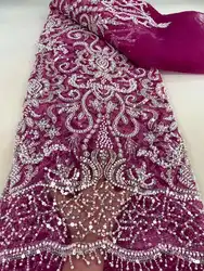 Elegant African French Tulle Embroidery Beaded Beads Lace Fabric Nigerian Sequins Lace Fabric For Wedding Party Christmas Dress