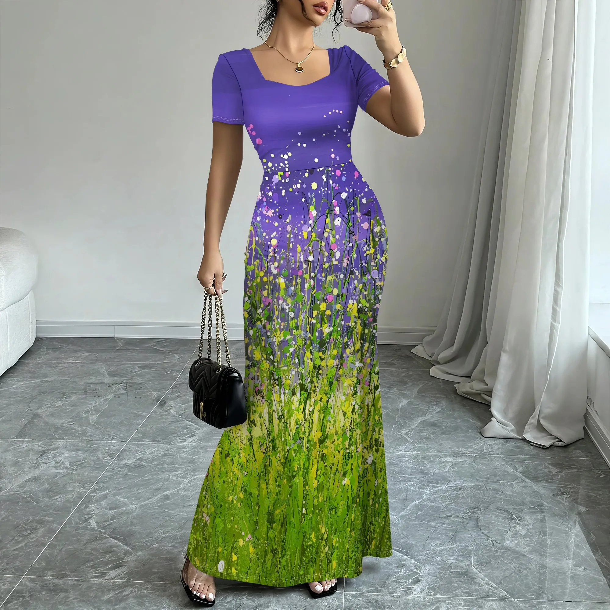 

Nupusa Floral Field Print Dress for Women Standard Size Summer Casual Square Neck Short Sleeve Maxi Dress