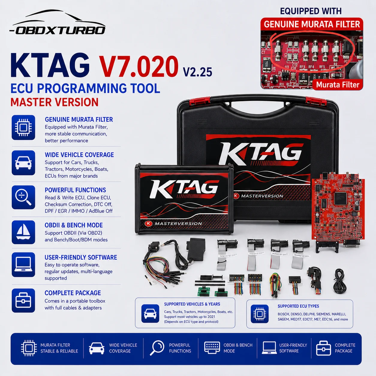KTAG 7.020 V2.25 Online EU Red PCB 4 LED Infinite ECU Chip-Tuning-Programmierer mit Murata-Filter und Werkzeugkasten, Ksuit-Software OBD2 Automotive LKW ECU Lese-Schreib- und