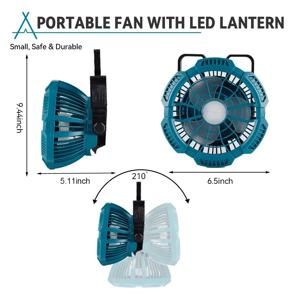 Wireelife Cordless Electric Jobsite Fan 9W With LED Light Remote Control With Foldable Hook Camping Fan For Makita 18V Battery