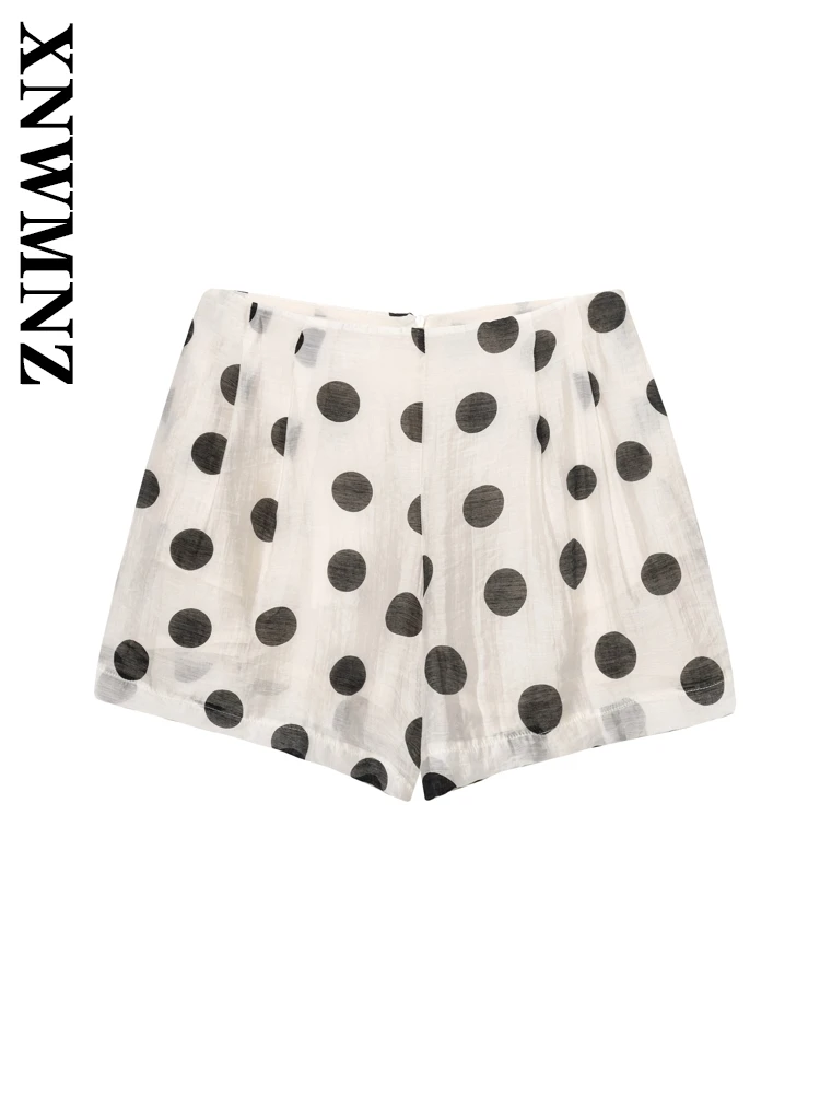 

XNWMNZ 2025 летние новые женские шикарные модные брюки с принтом, простые женские тонкие шорты с высокой талией, праздничные шорты в горошек на молнии