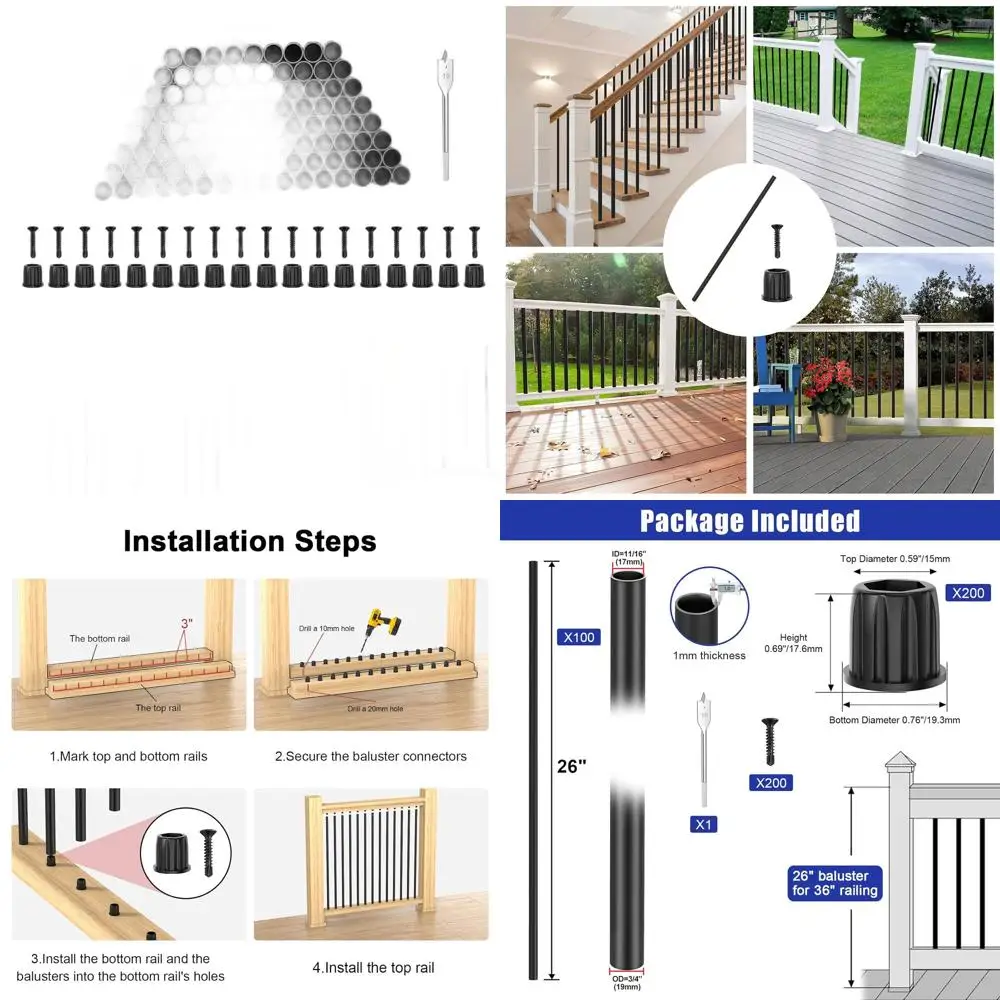 

26 Hollow Round Deck Balusters, 100 Pack, 3/4 OD, Black Metal, Staircase Spindles with Screws