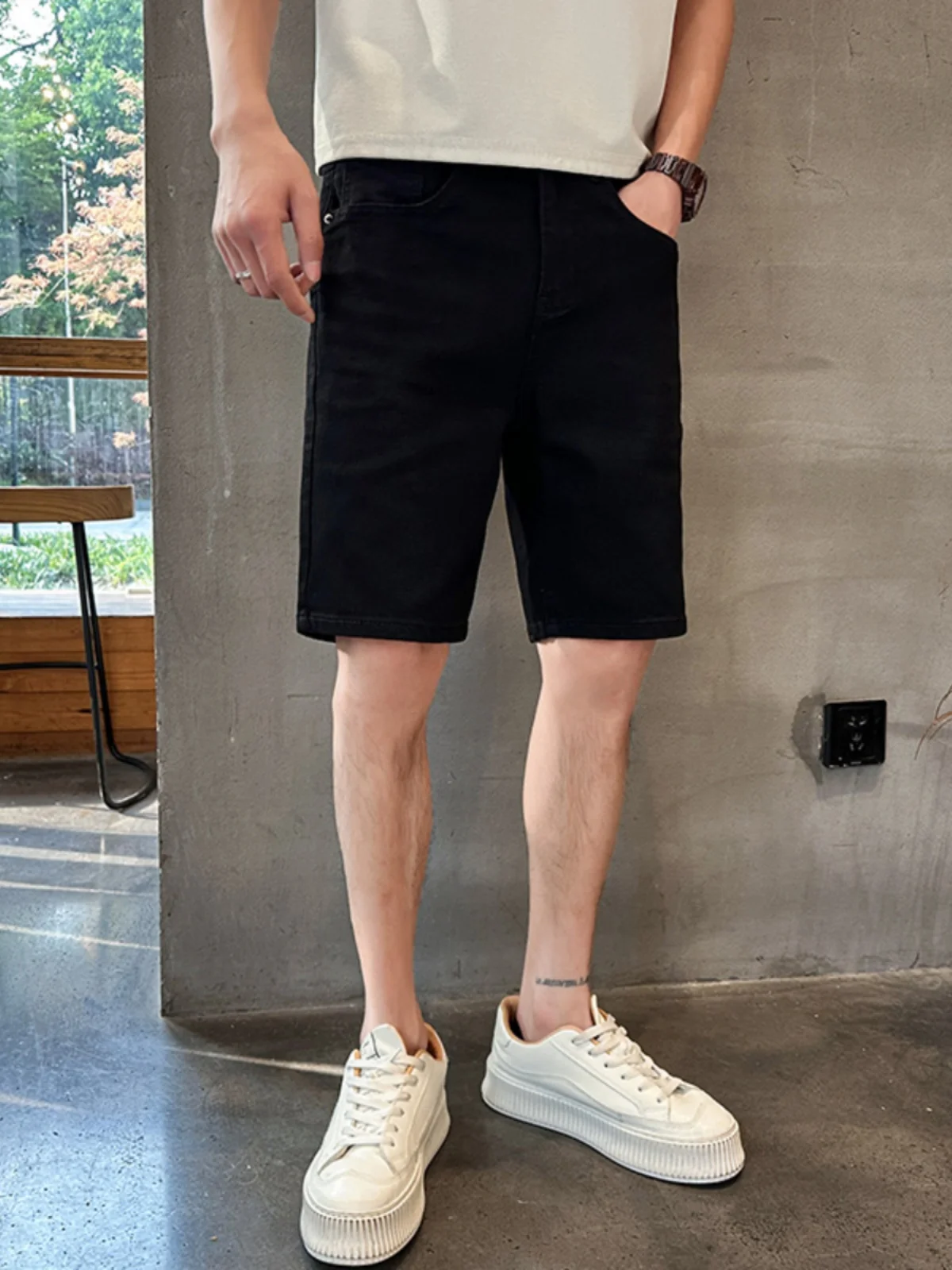 

Мужские летние новые повседневные эластичные джинсовые шорты Bla свободного кроя с прямыми штанинами, средней посадкой, длиной до колена, износостойкие