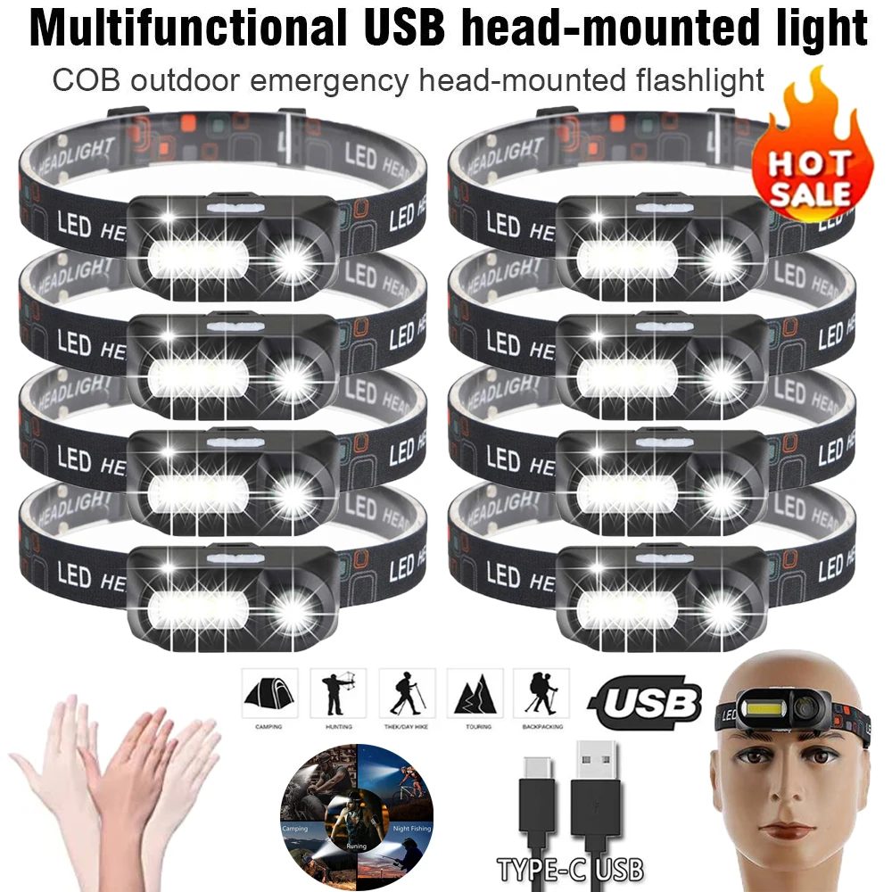 USB Rechargeable Portable LED Headlamp XPE+COB Headlight IR Induction 18650 Light Waterproof Camping Torch Powerful Head Lamp