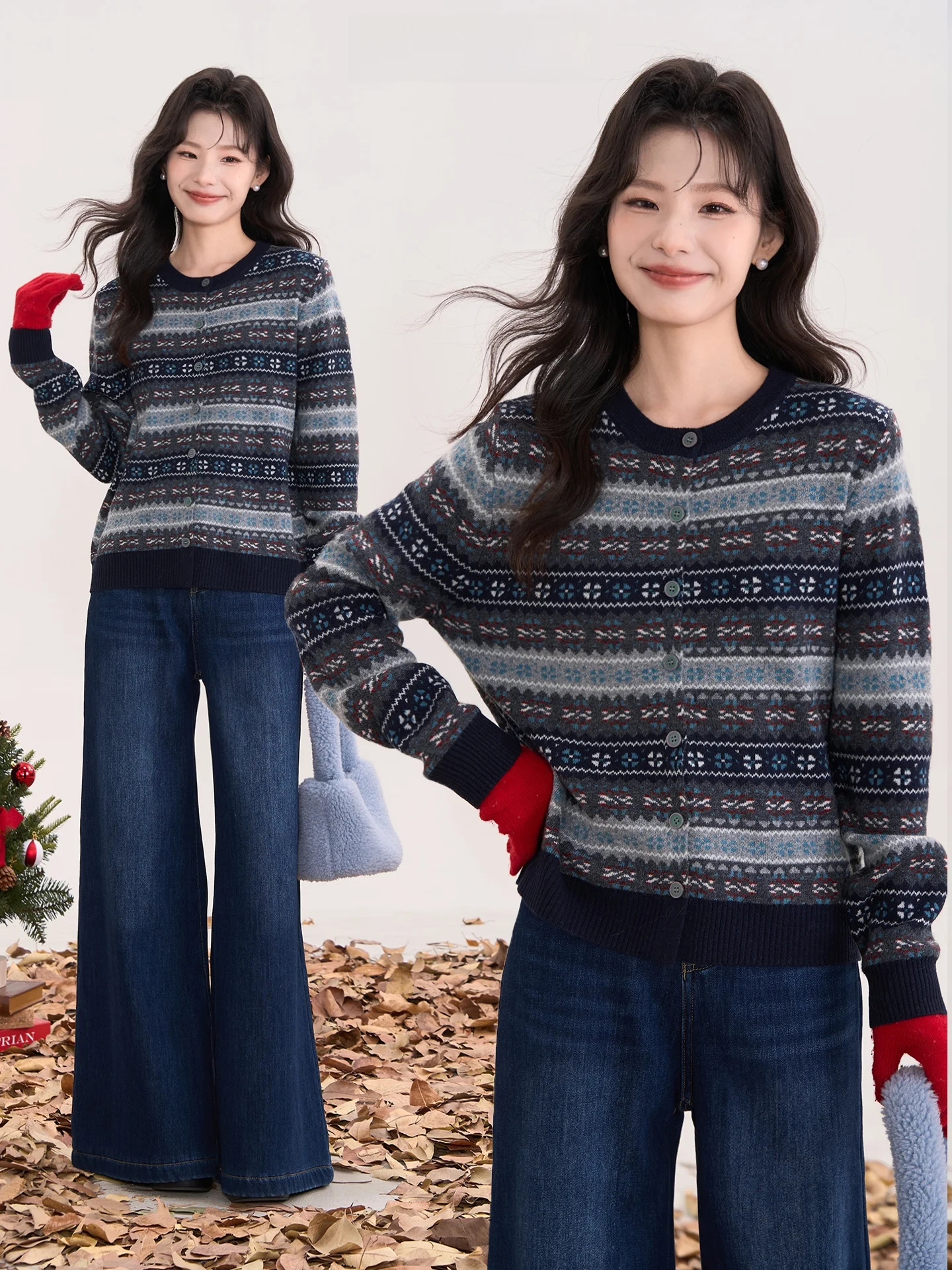 

Heme Sweetn Aphasia Retro Fair Isle Open Cardigan Sweater Women Spring Autumn Casual round Ne Top Floral Field Window