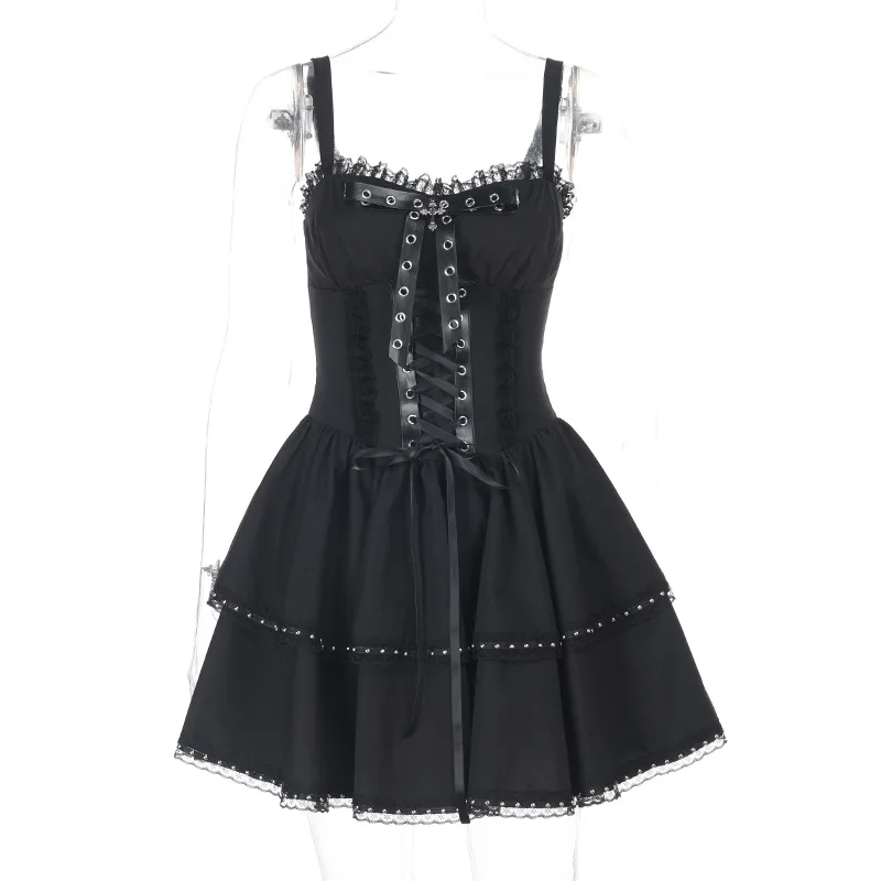 Grembiule vintage gotico Hotsweet da donna stile palazzo scuro elegante manica a sbuffo patchwork in pizzo colletto rovesciato top corto