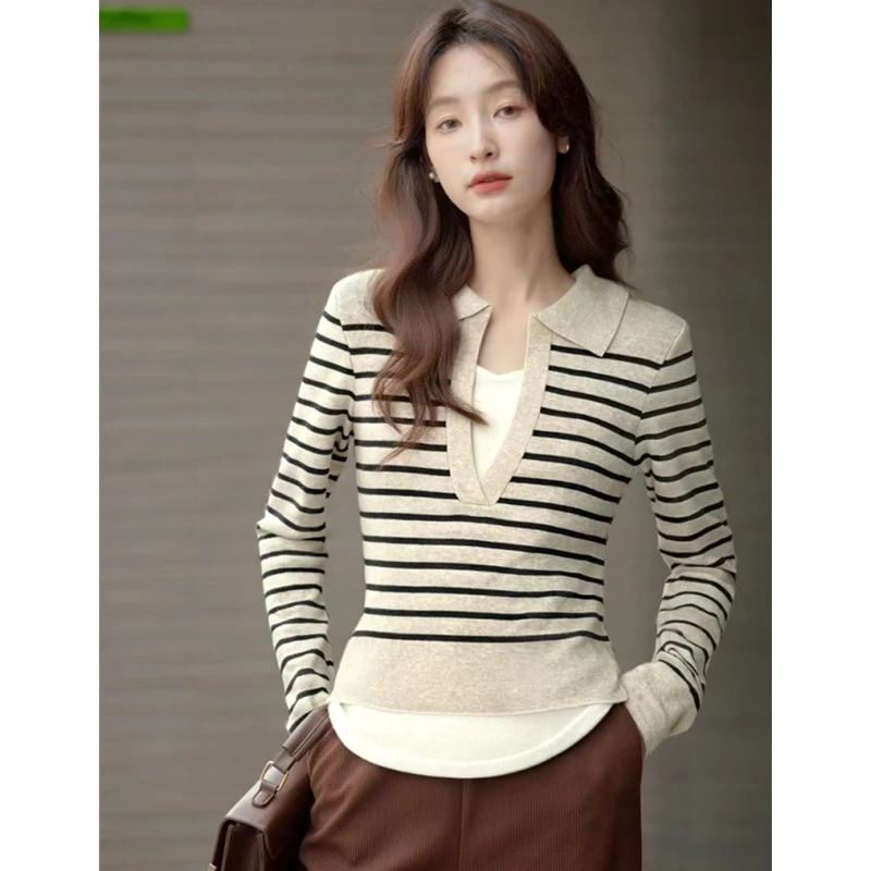 Sueter Feminino Turn Down Collar Striped Knitted Sweater Women Pullovers New Long Sleeve Knit Sweater Pullover Women Tops Q2113