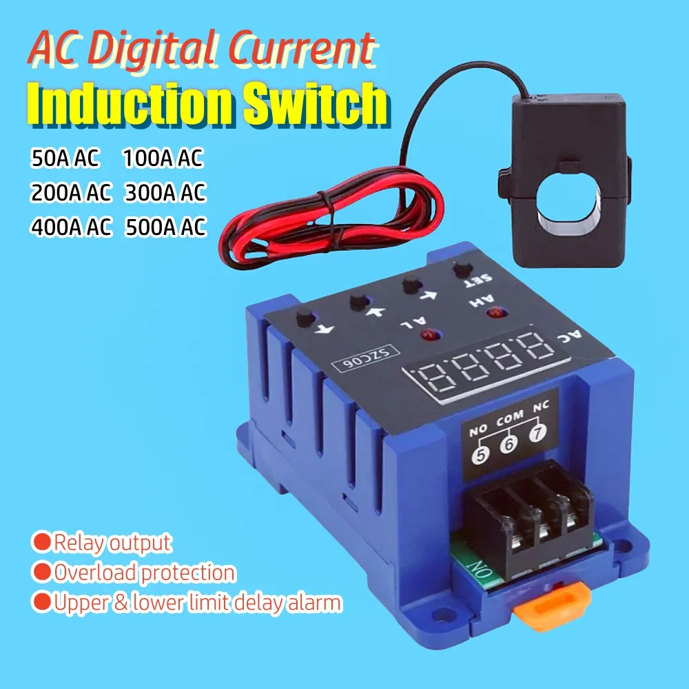 50A-500A Digital Ammeter AC Current Induction Switch with Upper Lower Limit Delay Alarm Relay Output Overload Protection SZC06