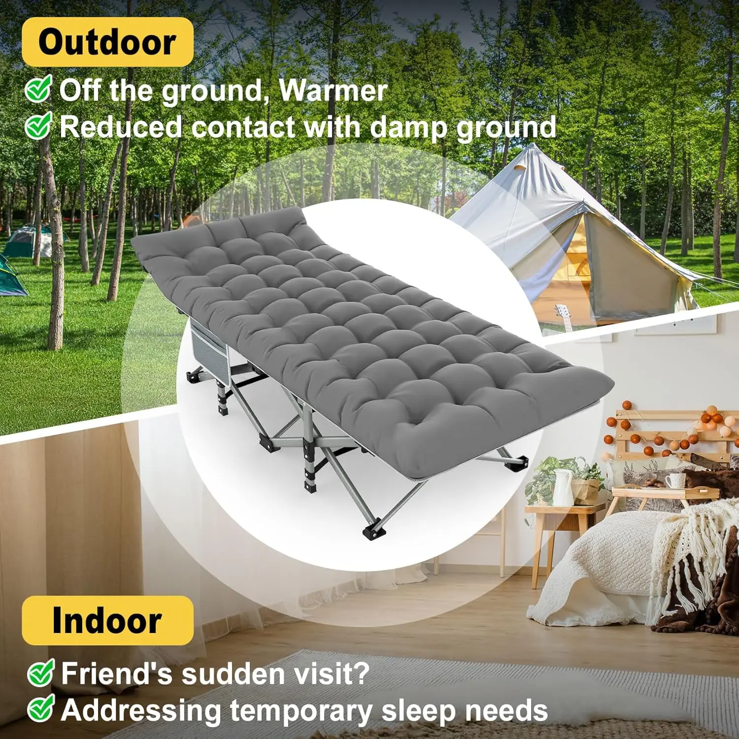 Camping Cot, Folding Camping Cots for Adults, Portable Sleeping Cot with Carry Bag, Charcoal Grey image 6