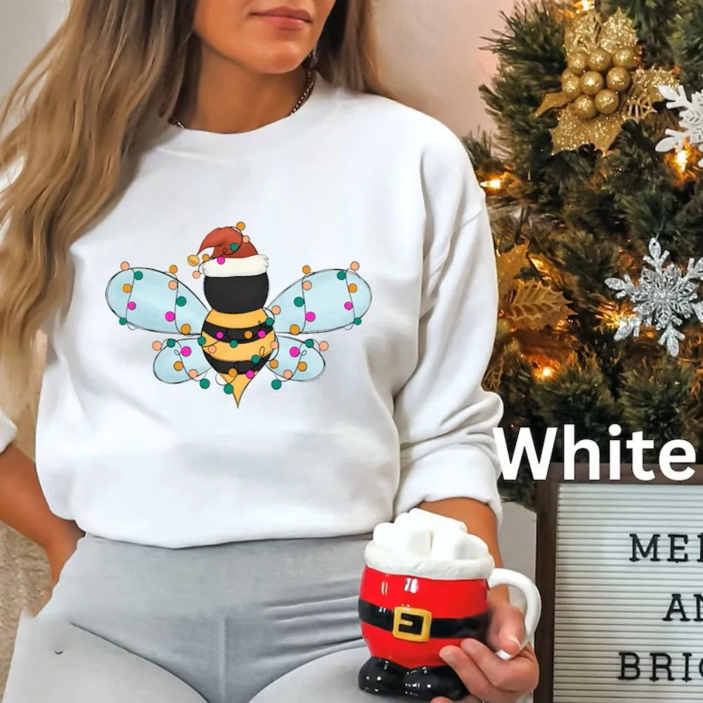 

Christmas Sweatshirt Cute Bee Lights Crewneck Shirt Cute Funny Pink Kawaii Pullover Top Christmas Gift Winter Women Clothes