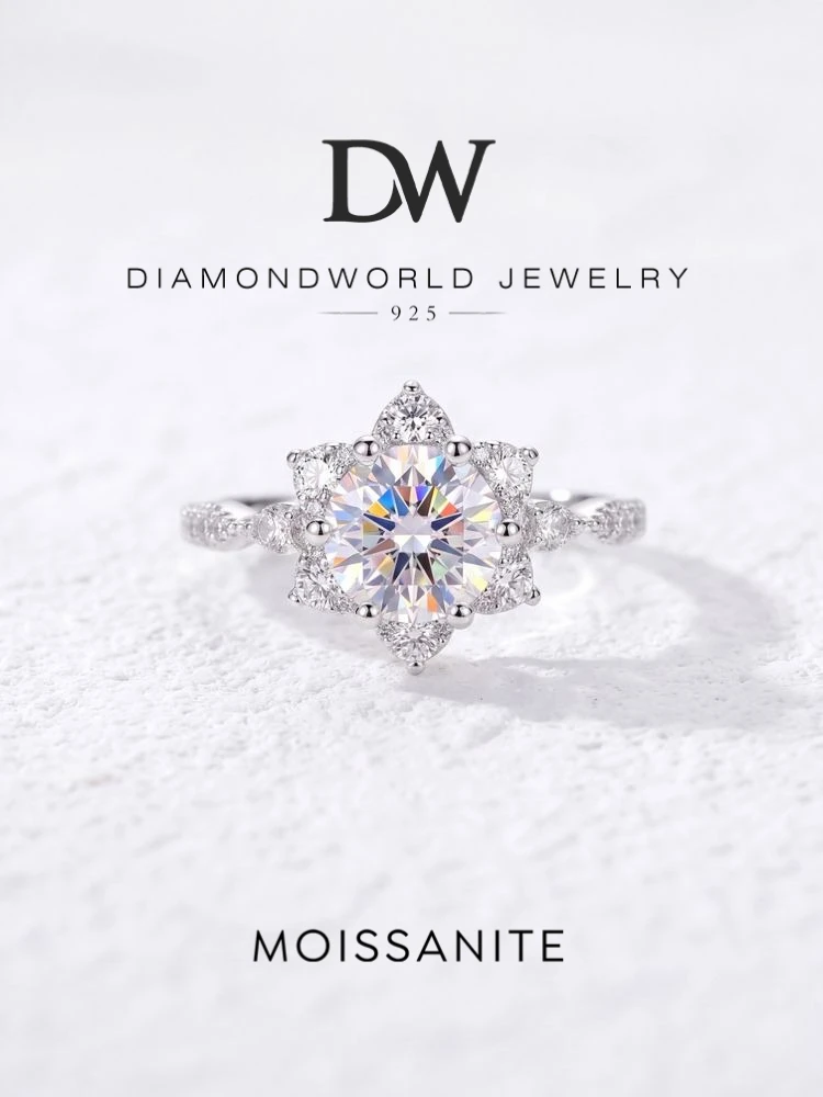 DWJ Echter 1 Karat Moissanit-Diamant-Sonnenblumen-Ring für Damen, 925er Sterlingsilber, Jahrestag, Alltag, Party, luxuriöser edler Schmuck