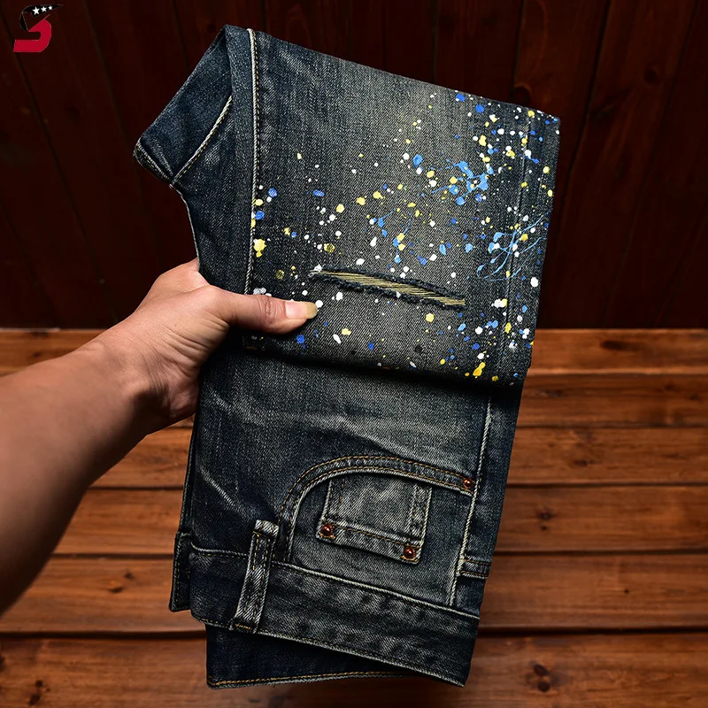 High-End Men's Slim Fit Stretch Ripped Paint Spray Print Casual Fashion Korean Style Blue Skinny Jeans