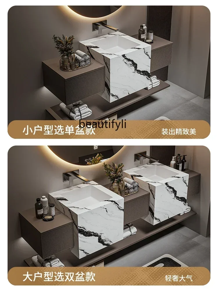 

YHH Designer light luxury bathroom cabinet hotel wind washstand rock slab ceramic seamless integrated basin wash basin cabinet