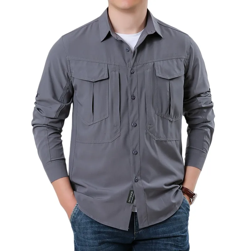 Men Long Sleeve Shirt Men Multi-Pockets Tactical Work Shirts Spring Autumn Outdoor Casual Breathable Hiking Fishing Cargo Shirts