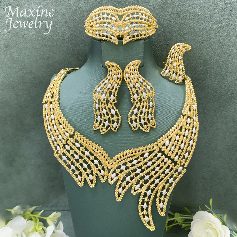 

Exaggerated Feather Big Size Dubai Gold Plated Jewelry Set Women Collar Necklace Earring Bracelet Ring Bridal Wedding Party Gift