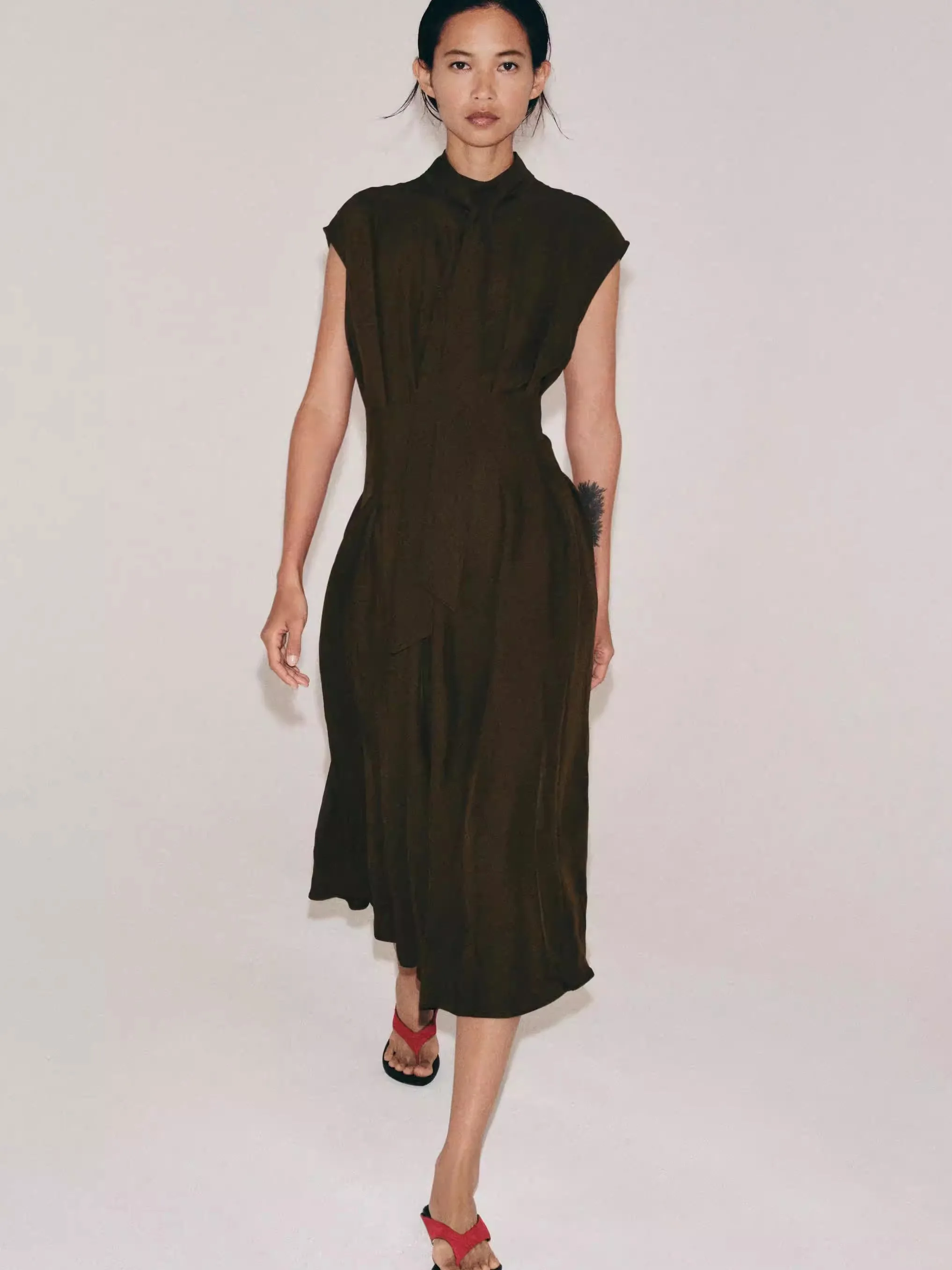 

Simple Summer New Women's Dress Knot Decorated Midi Dress Short Sleeve Elegant Style for Young Women 20-50 Years Old