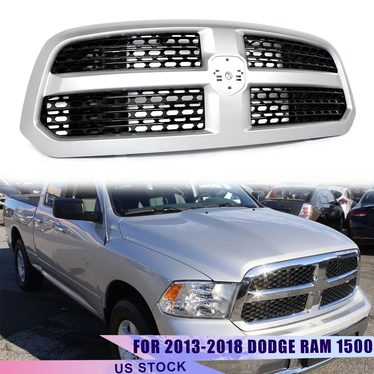 

WS2/PS2 Bright Silver Front Grille Compatible with 2013-2018 Dodge Ram 1500 Laramie Style Front Bumper Upper Grills Magickit