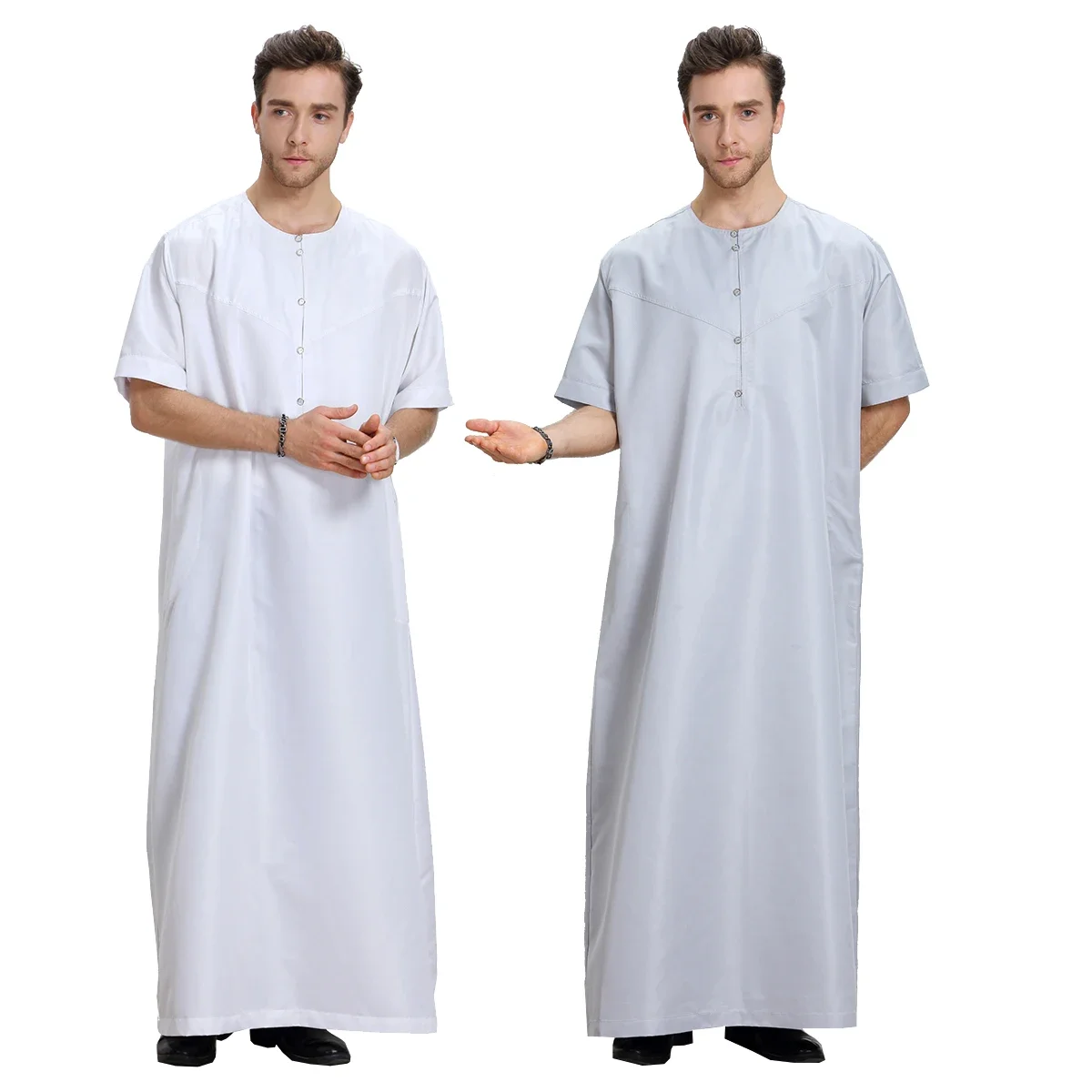 Solid Muslim Jubba Thobe Men\'s Ramadan Long Robe Kaftan O-Neck Short Sleeve Dress Saudi Eid Abaya Dubai Arab Caftan Middle East