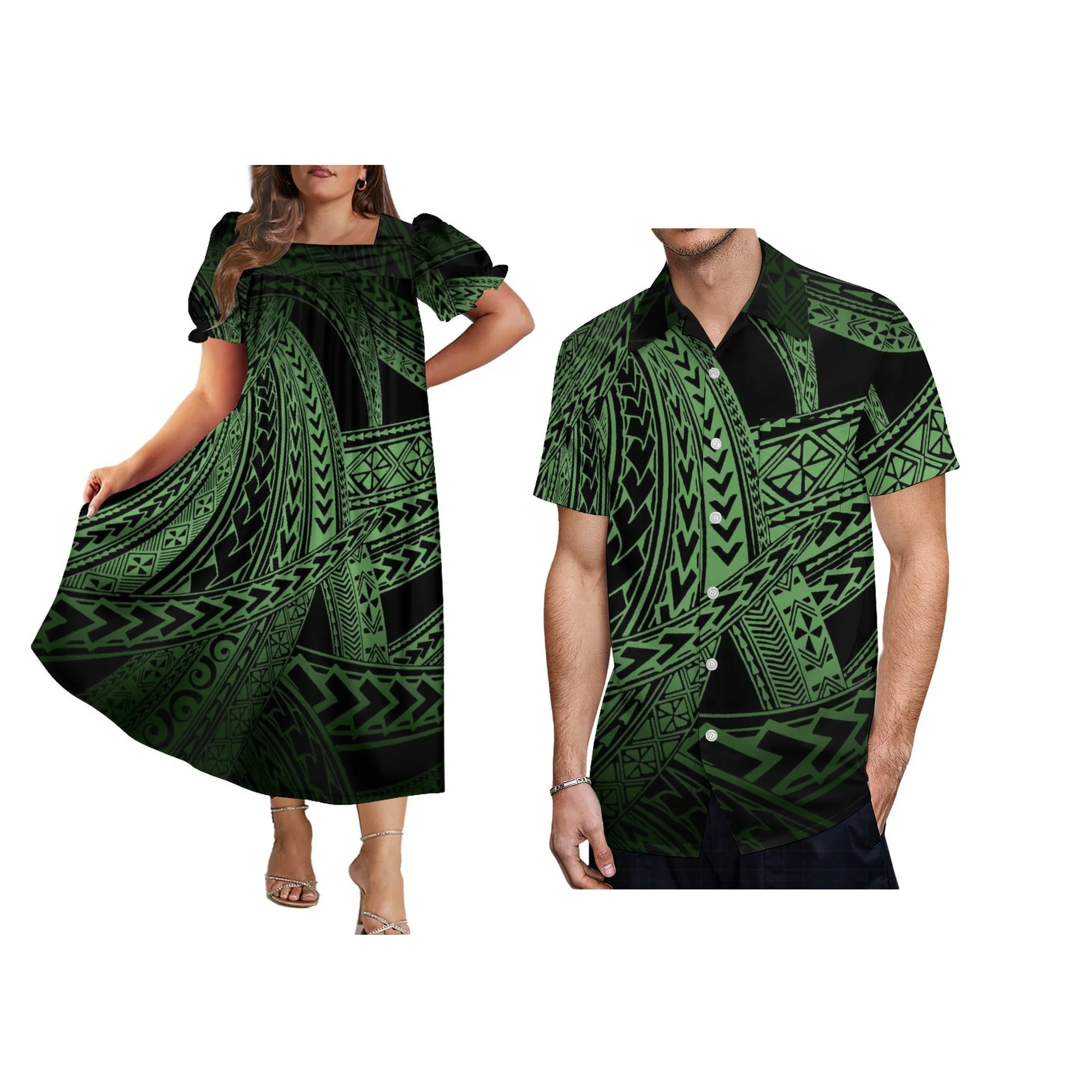 عالية الجودة البولينيزية القبلية طباعة زوجين 2 قطعة مجموعة Mumu فستان بأكمام قصيرة للنساء وقميص مطابقة للرجال الأزواج