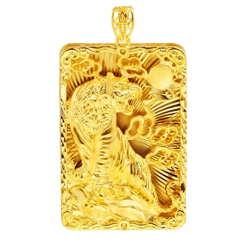 Real 18 K Gold Men\'s Square Tiger Pendant for Men Father Bro Pure Classic Wedding Gold Pendants Without Chain Fine Jewelry Gifts