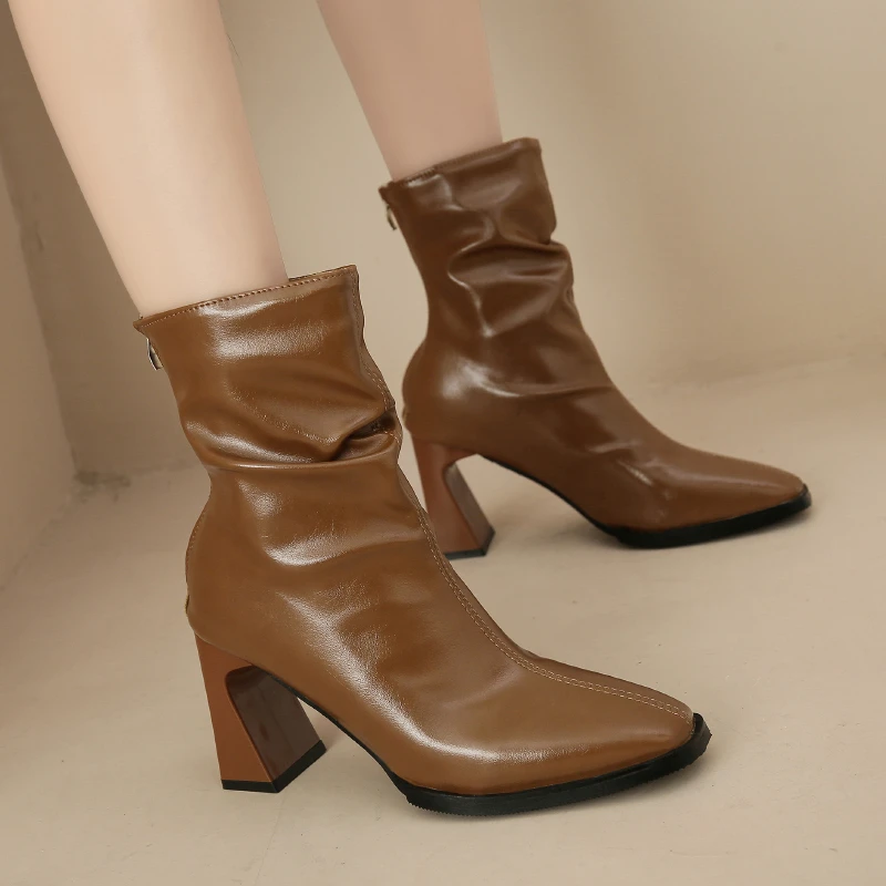 

Quality Modern Mid-calf Boots Autumn Winter New Women's Boots Fashion Square Toe Zip Ladies Shoes Sexy High Heels Booties Botas