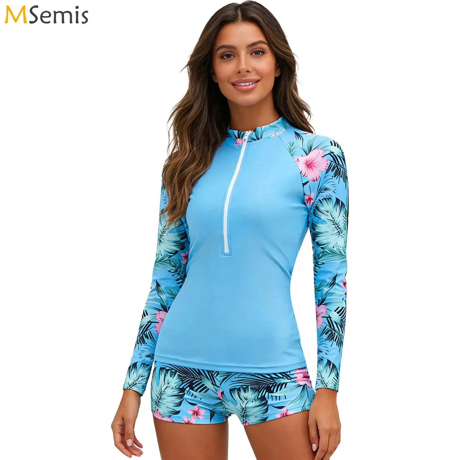 

Женский купальник-рашгард из двух частей с цветочным принтом, топ с длинными рукавами на молнии до середины груди и шорты, комплект для плавания