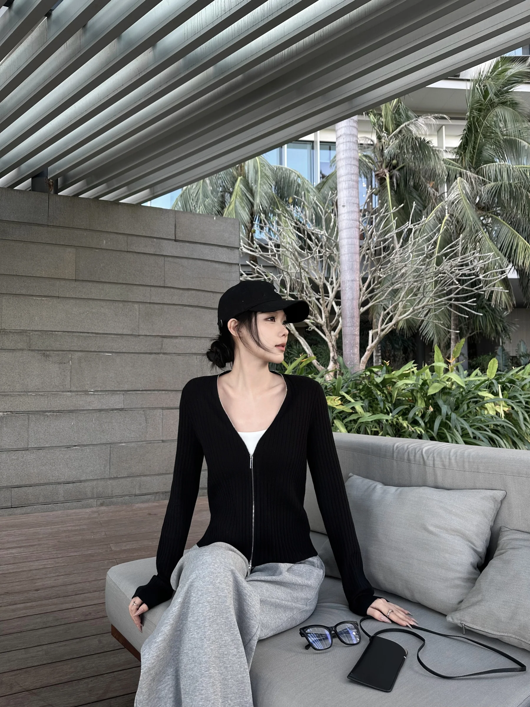 

5werkwen Кардиган из шелково-шерстяной смеси с двойной молнией, особой вязкой и длинными рукавами, в стиле Lazy Paper Person, для повседневной носки