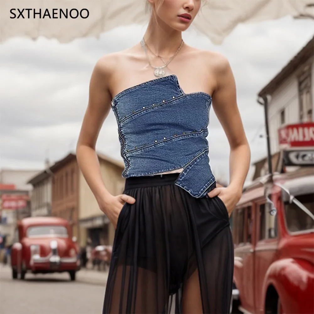 

SXTHAENOO Solid Patchwork Rivet Slimming Denim Tank Tops Women Strapless Sleeveless Spliced Zipper Tunic Vests Female Fashion