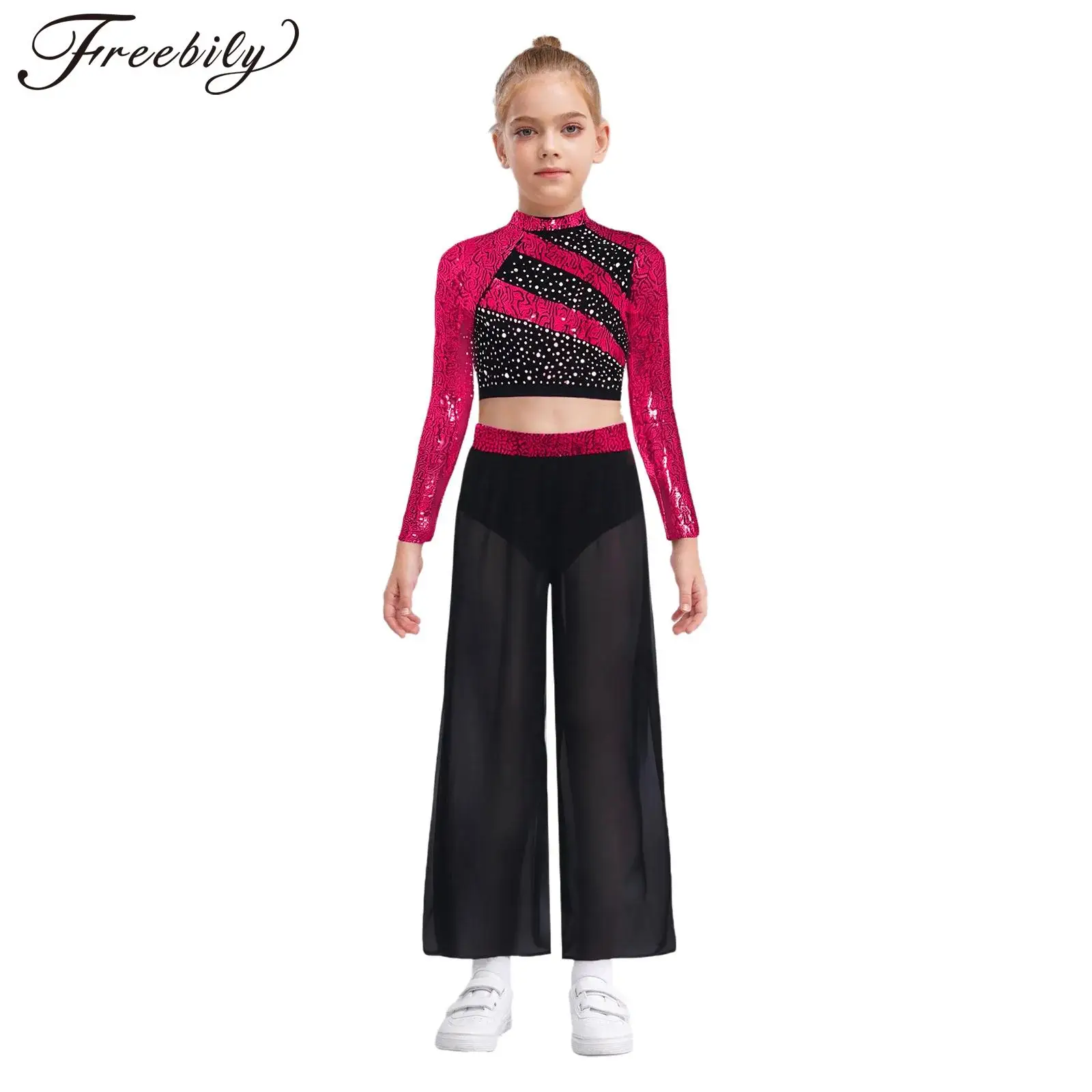 

Girls Hip Hop Jazz Street Dance Costume Shiny Sequins Crop Top Side Slit Chiffon Pants School Party Stage Performance Dancewear