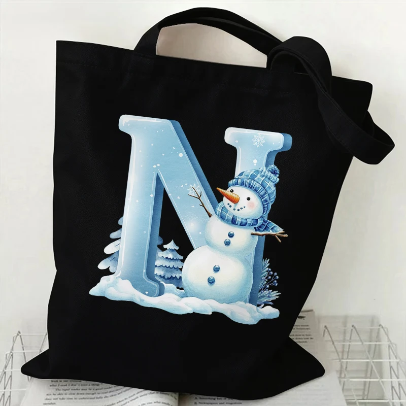 Xmas Snowman 26 Letter A-Z Canvas Shoulder Bag for Women Christmas Party Multi-use Daily Shopping Handheld Crossbody Tote Bag