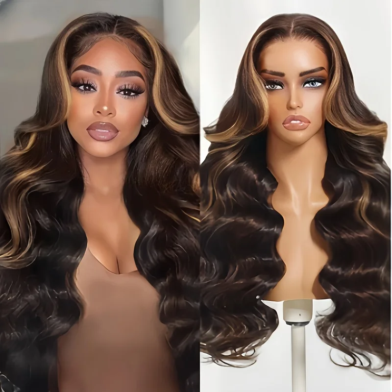 P4/27 Highlight Honigbraun Body Wave Transparent HD 13x4 Lace Frontal Echthaar-Perücken Ombre-Farbe Body Wave Vollperücken für Frauen, sofort tragbar, im Ausverkauf, vorgezupfte Perücke für Party,