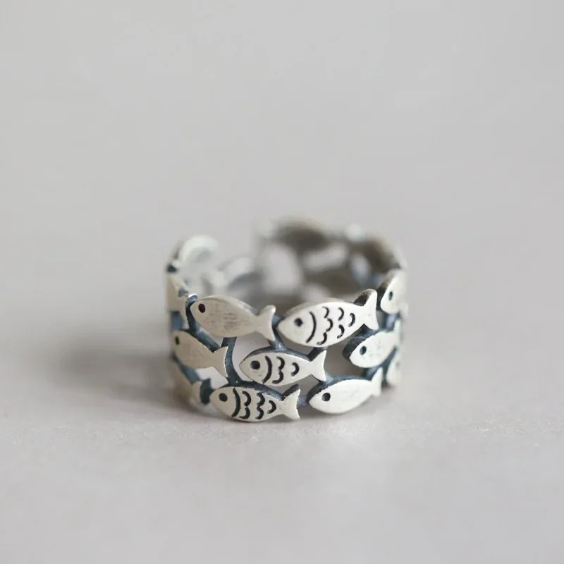 NewJewelry Retro Small Fish Wide Face Ring for Men and Women's Thai Silver Annual Fish Opening Ring Wholesale