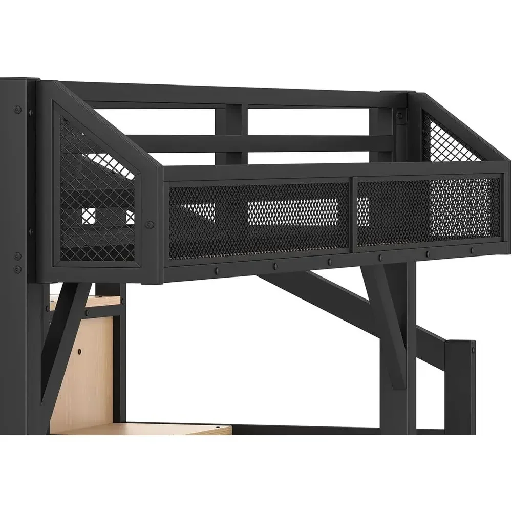 Twin XL Metal Bed with Stairs, Wardrobe, LED Lights, USB Ports for Teens, Black Natural view 6