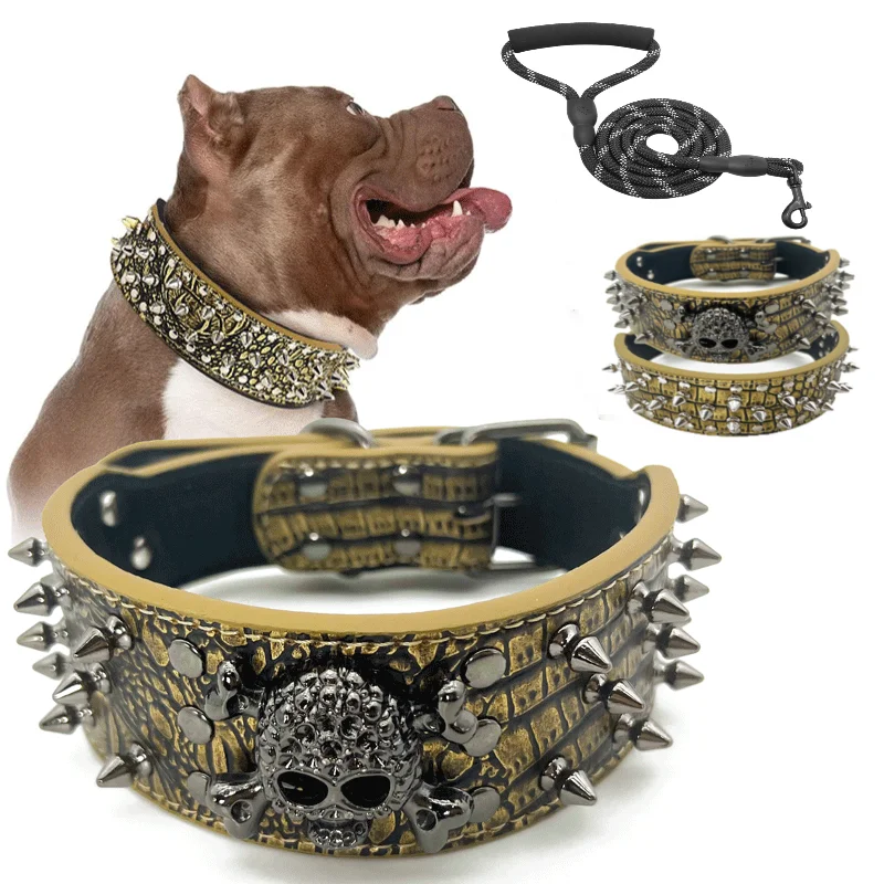 Dog Collar Spiked Studded Pet Necklace with Traction Rope For Small Medium Dogs Bulldog Adjustable Anti-Bite Collar