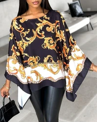 New Fashion 2024 Casual Sexy Colorblock Baroque Print Batwing Sleeve Top T-Shirt Pullover Tops Female Clothing Outfits