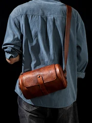 Vintage Shoulder Bag Handmade Original Crossbody Bag Cylinder Bag Bucket Bags Leather Satchel Men's Casual Shoulder Bag