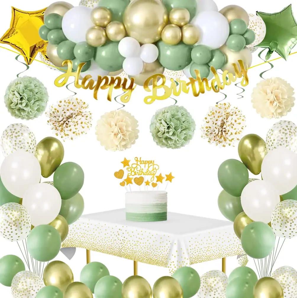 

1 2 3 Year Boy Girl Birthday Decorations Green Gold Birthday Balloon Arch Baby Shower Party Supplies Paper Pom Poms Tablecloth