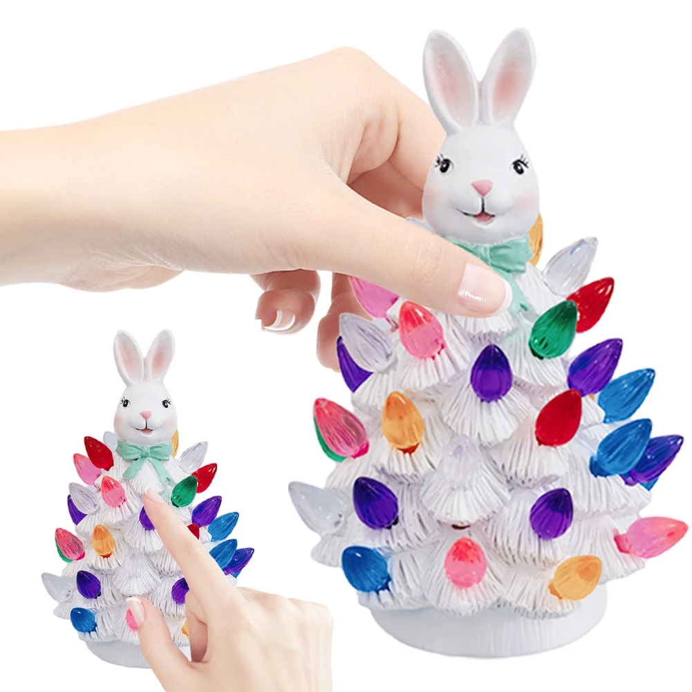 Easter Bunny Tree Decor Tabletop Rabbit Tree with LED Light Resin Desktop Tree Ornament Bunny Tree Decorations for Spring Easter