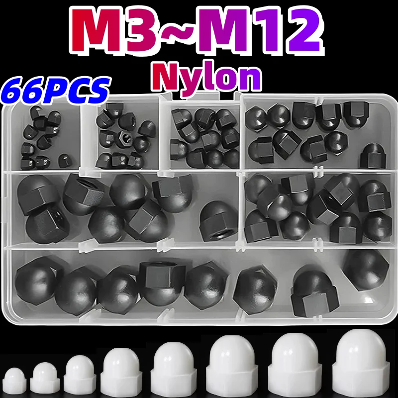 66PCS M3 M4 M5 M6 M8 M10 M12 Black White Plastic Nylon Hex Dome Head Cap Nuts Sets Acorn Nuts Covers Kit For Screws Bolts