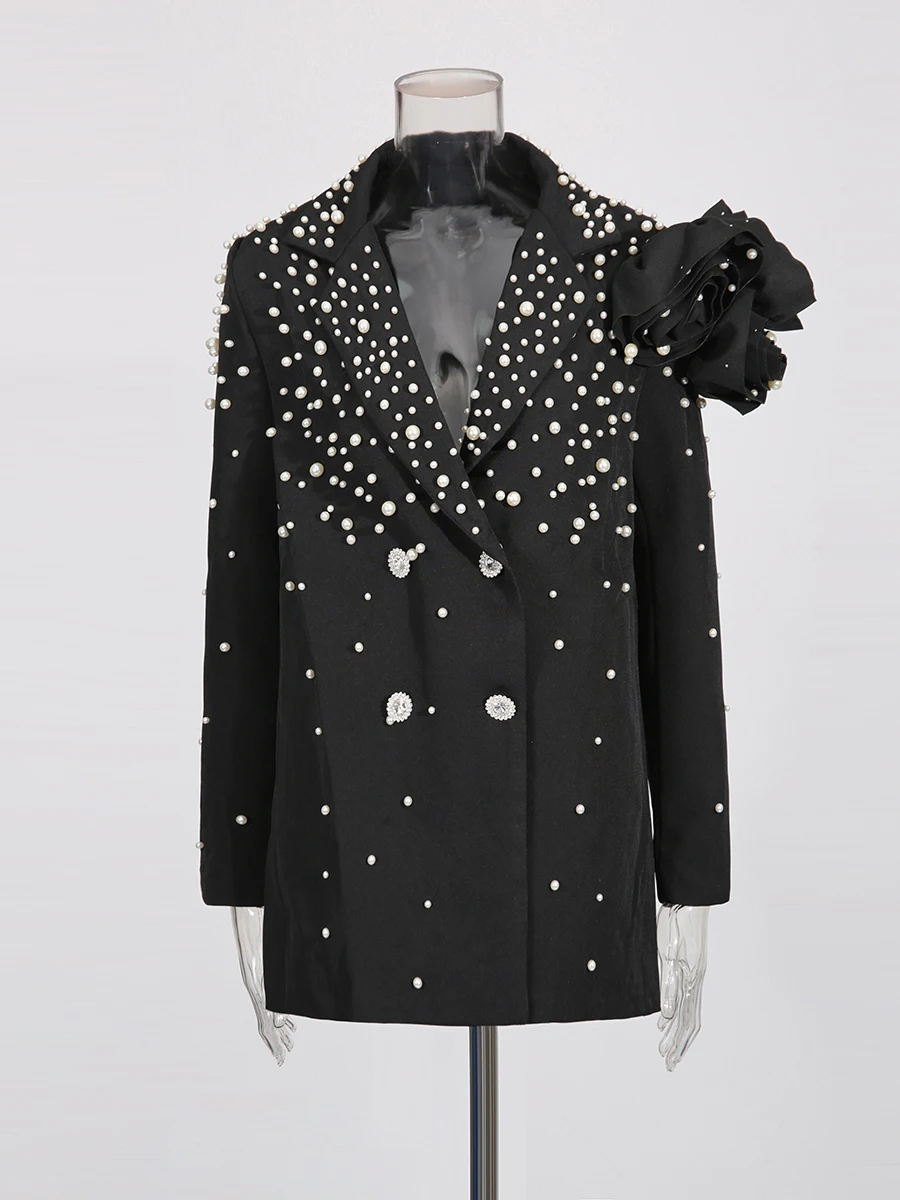 TWOTWINSTYLE Solido Impiombato Perline Eleganti Blazer per Le Donne Risvolto Maniche Lunghe Patchwork 3D Fiore Temperamento Giacca Sportiva Femminile Nuovo