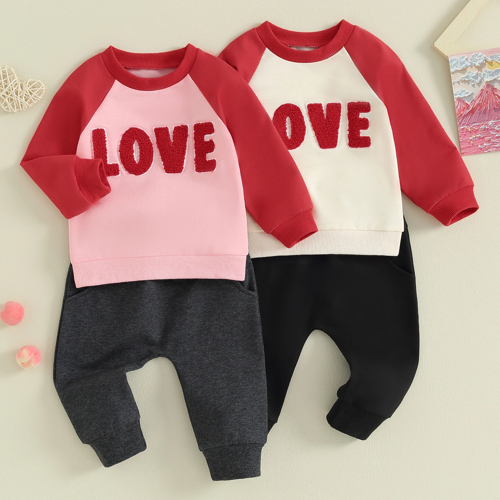 

2023-10-25 Lioraitiin 0-3Y Toddler Baby Boy Valentine's Day Clothing Outfits Pullover Sweatshirts Long Pants Spring Clothes Set