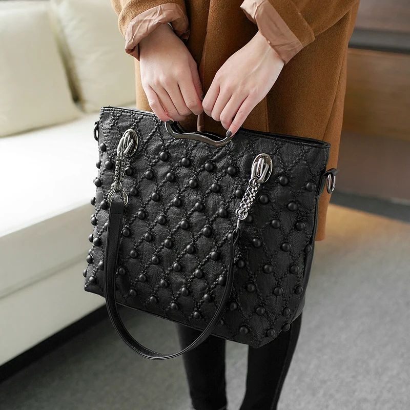 

Genuine Leather Women's Handbags Luxury Fashion Soft Lady Tote Bag Shoulder Messenger Bag Large Capacity Portable Rivet Bags