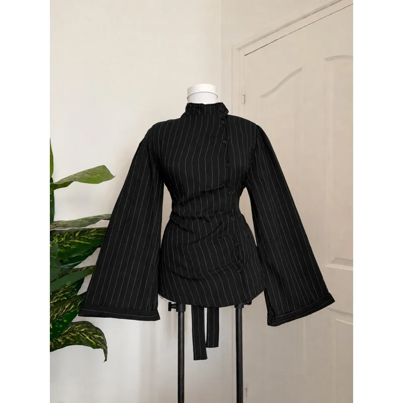 Autumn and winter new Chinese style women's buckle striped stand collar trumpet sleeves cinched waist tie up slimming top