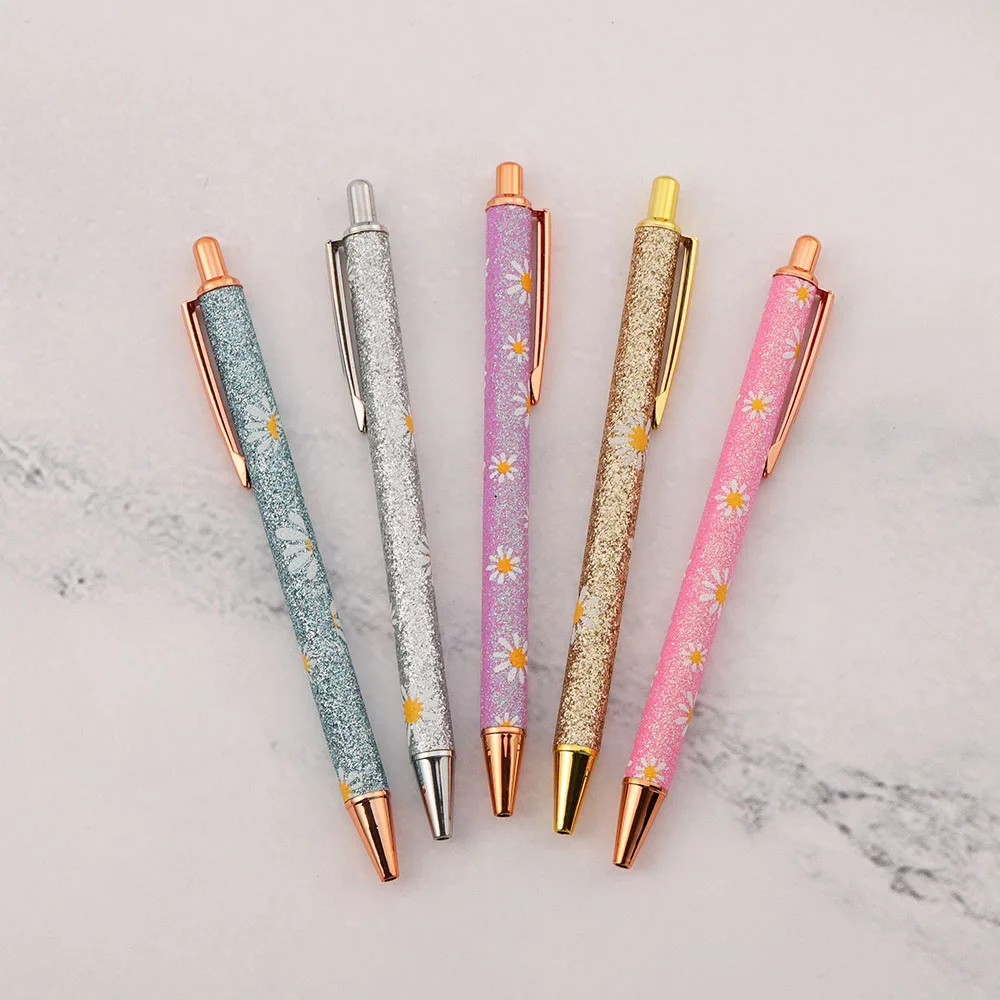 Lytwtw's Cute Daisy Press Ballpoint Pen Luxury Kawaii Metal Stationery School Office Supplies 5 Pieces